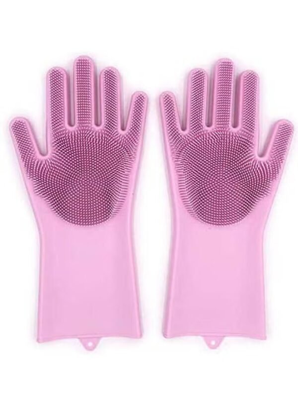 Generic Bjm Magic Reuseable Silicone Gloves With Wash Scrubber Kitchen Gloves Pink