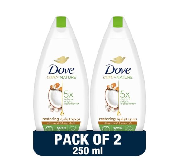 DOVE Care by Nature RESTORING Body Wash, with renew blend technology, Coconut & Almond, with moisturising cream, 250ml x 2