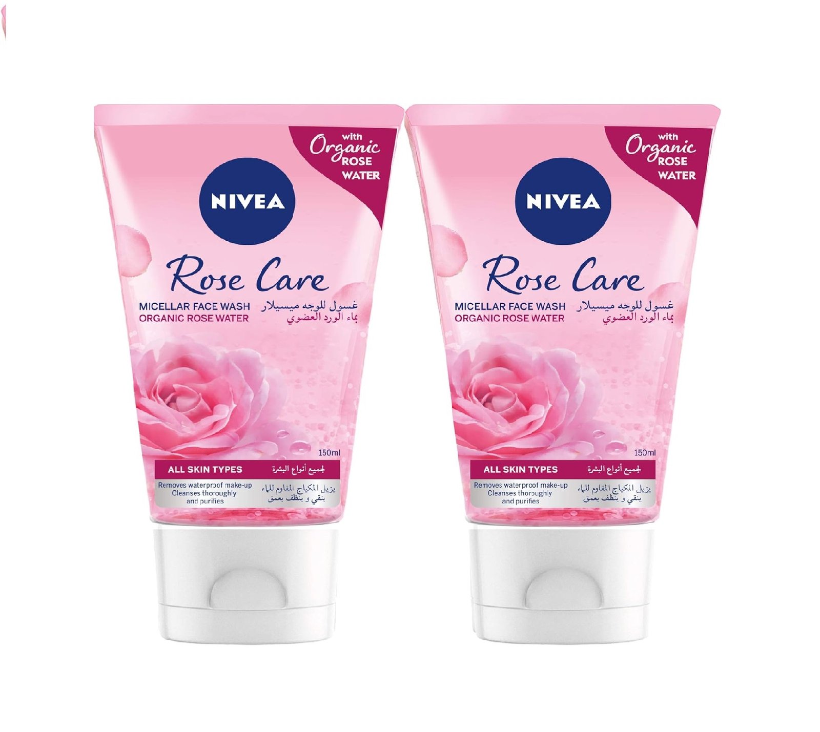 NIVEA Face Wash Micellar, Rose Care with Organic Rose, All Skin Types, 2x150ml