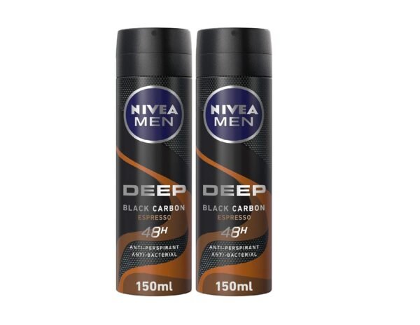 NIVEA MEN Antiperspirant Spray for Men, 48h Protection, DEEP Black Carbon Antibacterial, Espresso Scent, 2x150ml
