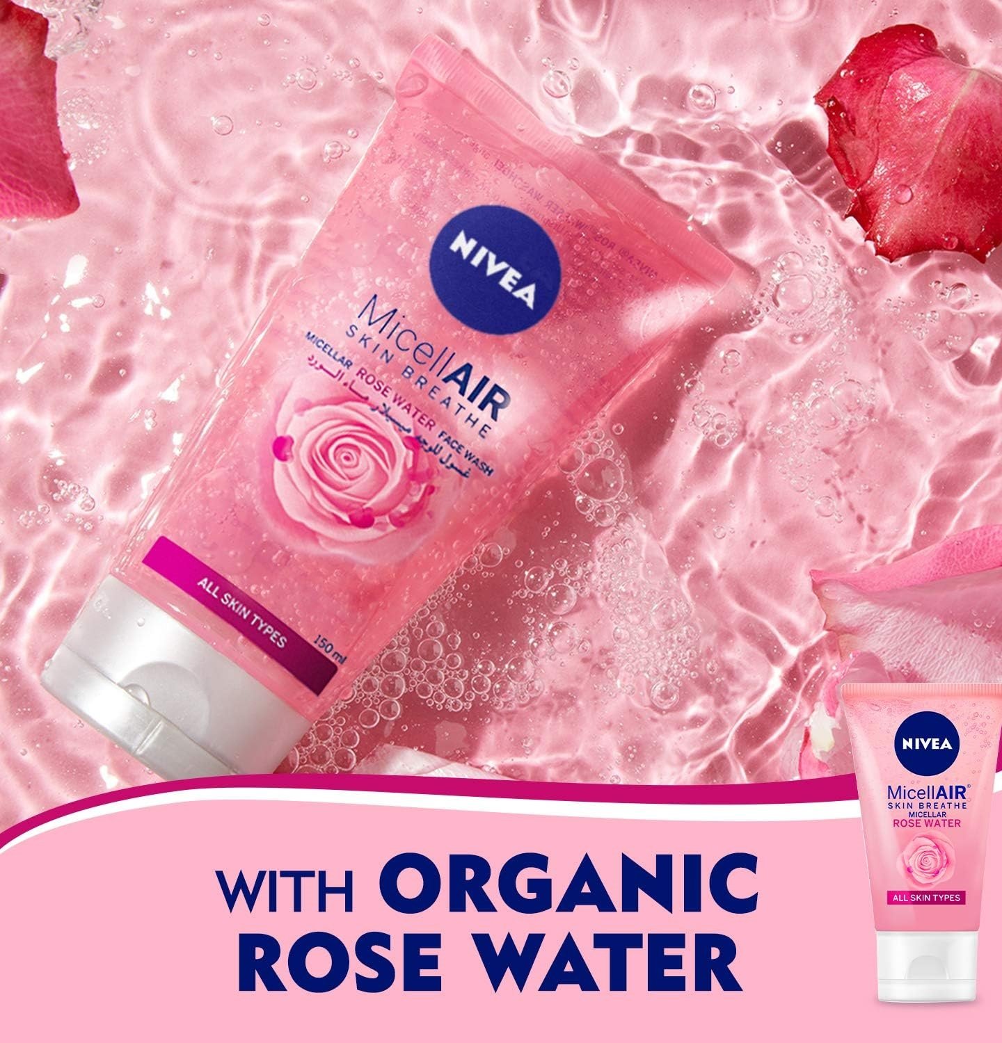 NIVEA Face Wash Micellar, Rose Care with Organic Rose, All Skin Types, 2x150ml - Image 2
