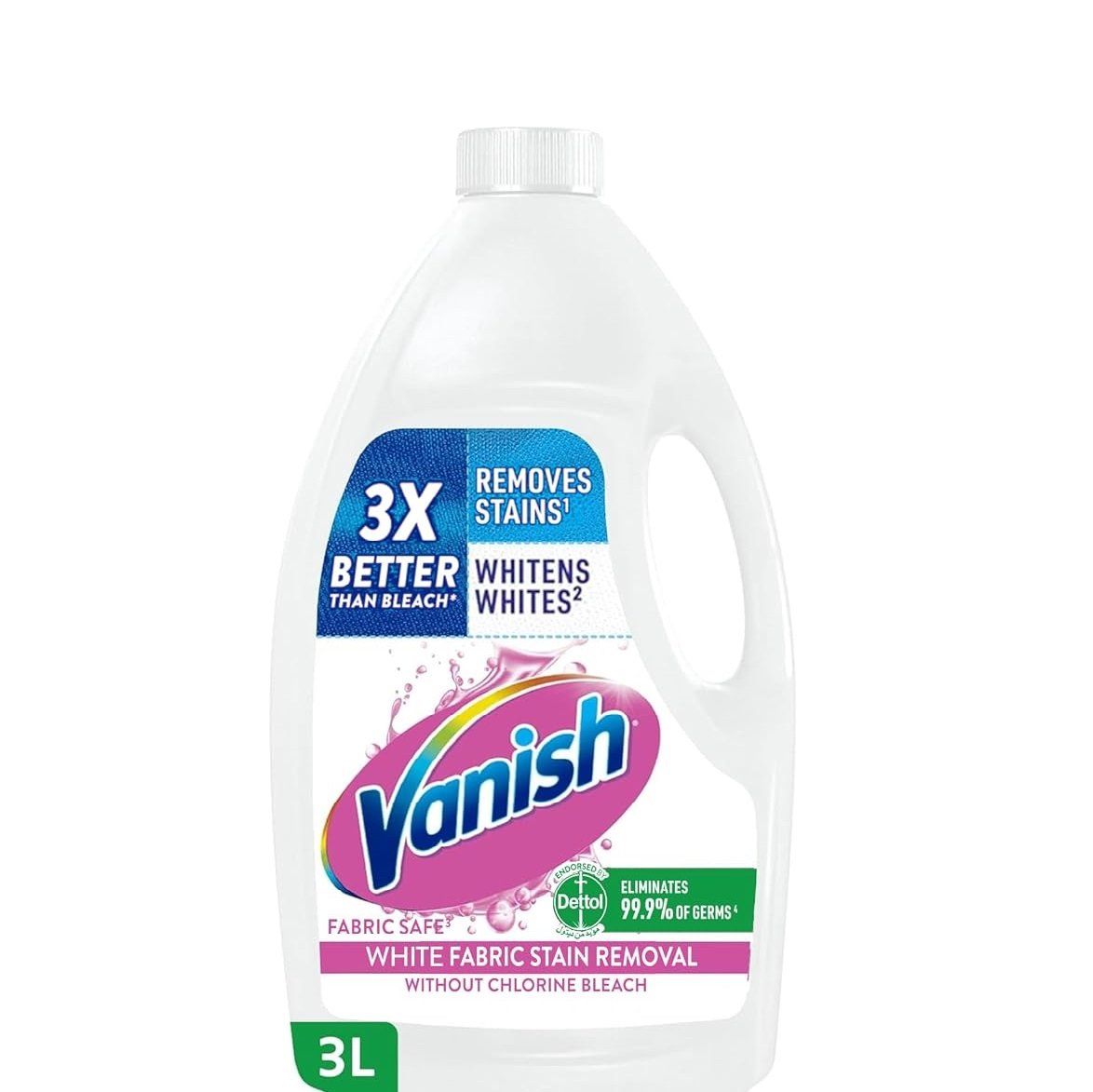 Vanish Laundry Stain Remover Liquid For Whites, Can Be Used With And Without Detergents, Additives & Fabric Softeners, 3L - package may vary