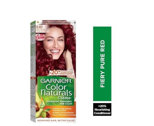 Garnier Hair Colour, With 3 Nourishing Oils, Grey Covereage, Long-lasting Shiny Colour, Natural-looking Result, For All Hair Types, Color Naturals Crème, 6.60 Fiery Pure Red
