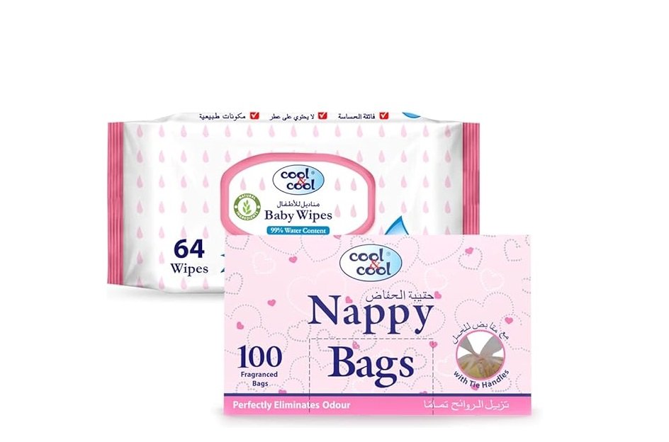 Cool & Cool Nappy Bags 100's - Mildly Scented Diaper Disposable Bags + Baby Aqua Wipes 64's - 99%,Alcohol Free, Fragrance-Free, Gentle on Skin - Combo Pack