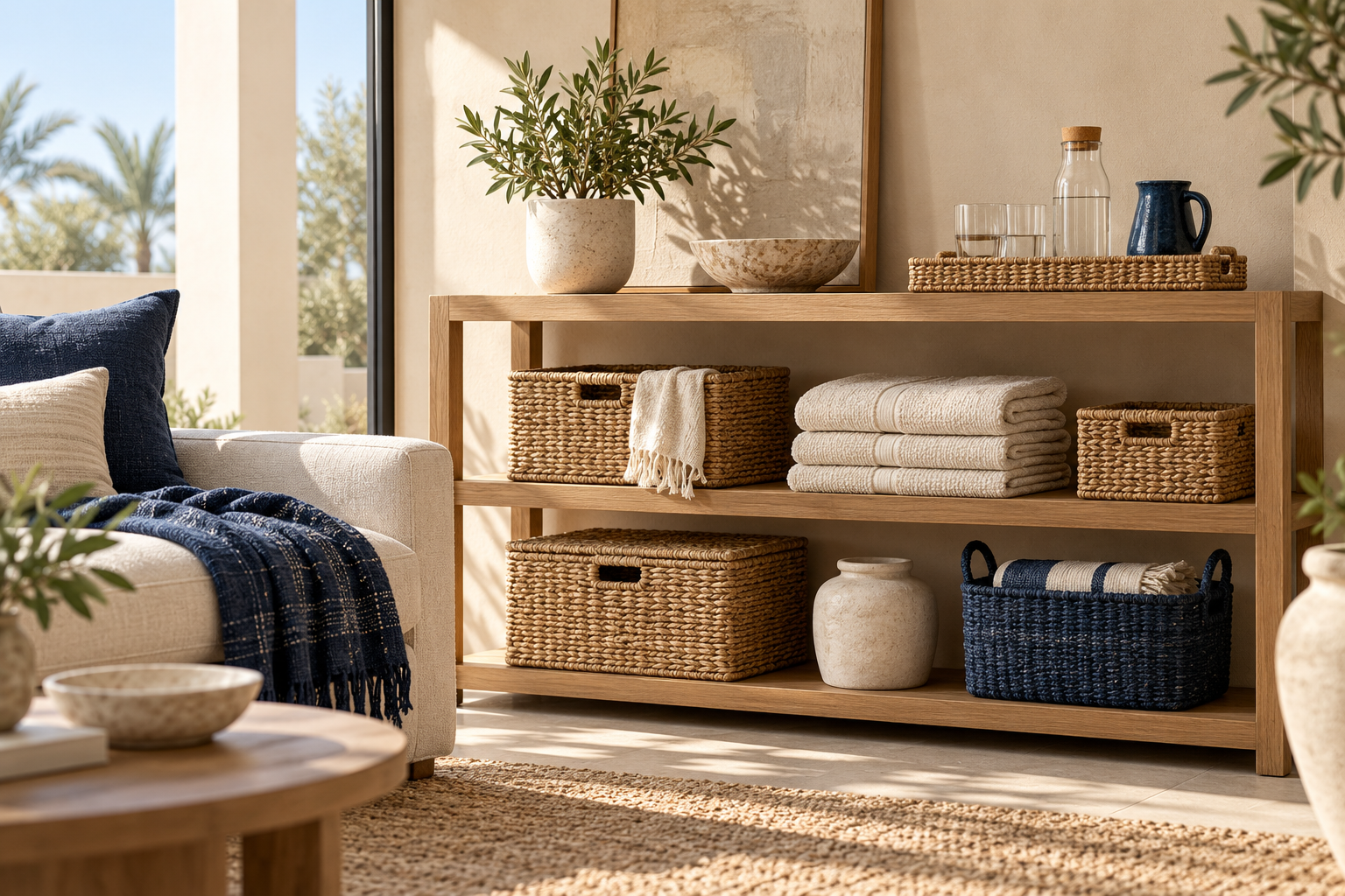 A sunlit home with neatly organised everyday essentials